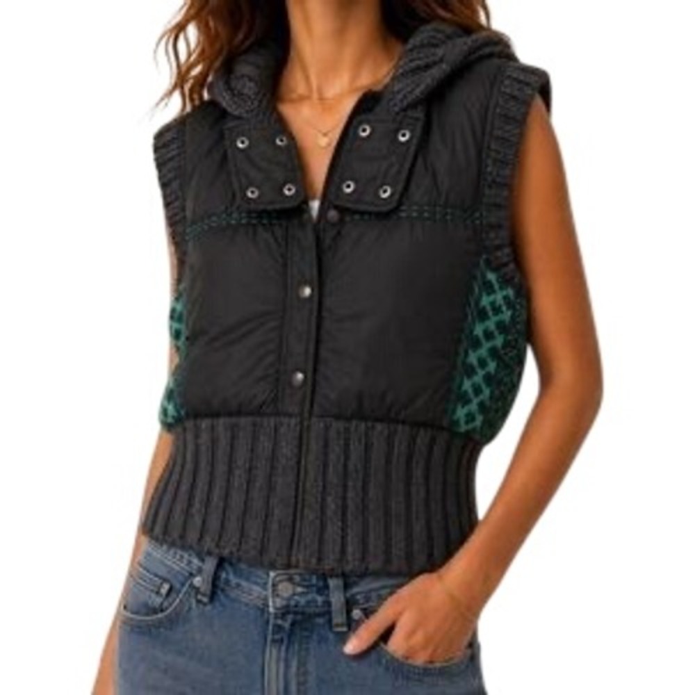 Free People Mixed Media Knit Puffer Hooded Vest Black Green Small